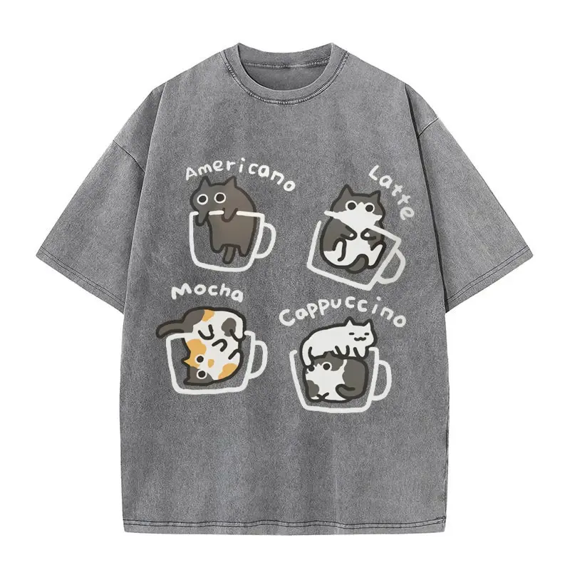 Summer Hot Print Cat Coffee Pure Cotton Loose Short Sleeved T-shirt for Men and Women Mocha Latte Cat Three Fun Cat T-shirt
