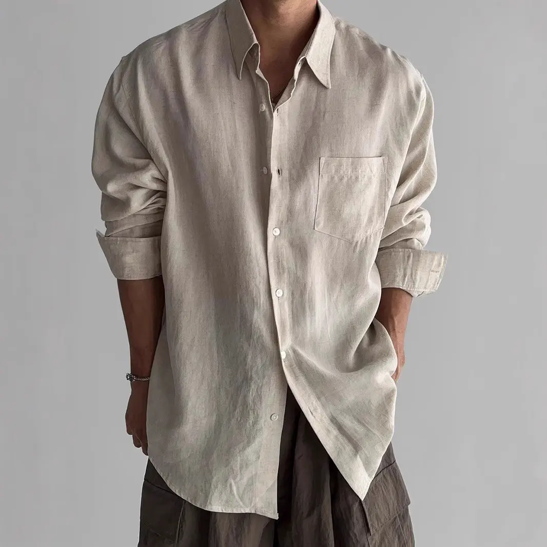Vintage Men's Shirt Stylish Loose Fit Long Sleeve Workwear Shirt with Pockets Sun Protection Casual Overshirt Streetwear Fashion