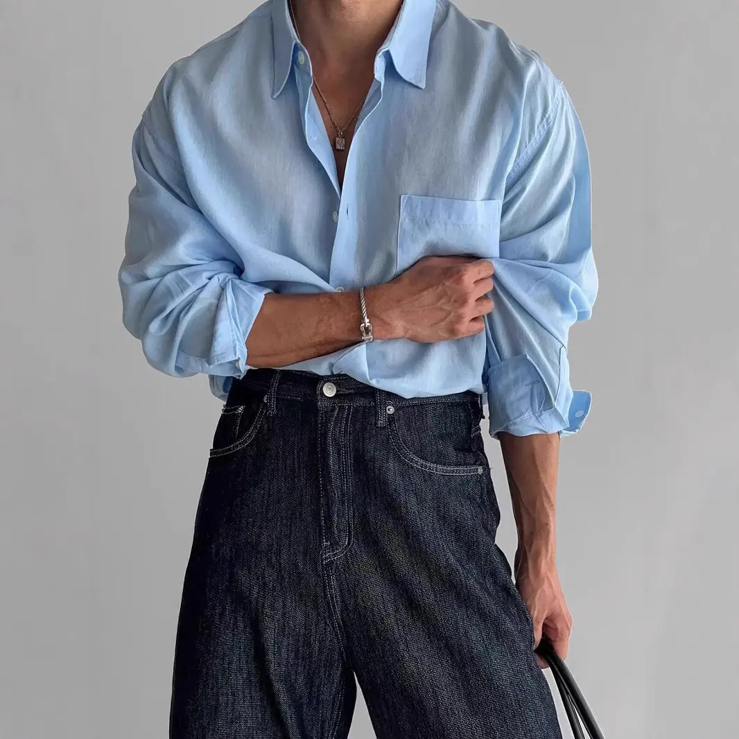 Vintage Men's Shirt Stylish Loose Fit Long Sleeve Workwear Shirt with Pockets Sun Protection Casual Overshirt Streetwear Fashion