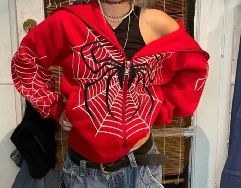 2024 New Men's and Women's Quirky Spider Web Zipper Hoodie Casual Trend Hoodie Fleece Warm Casual Jacket