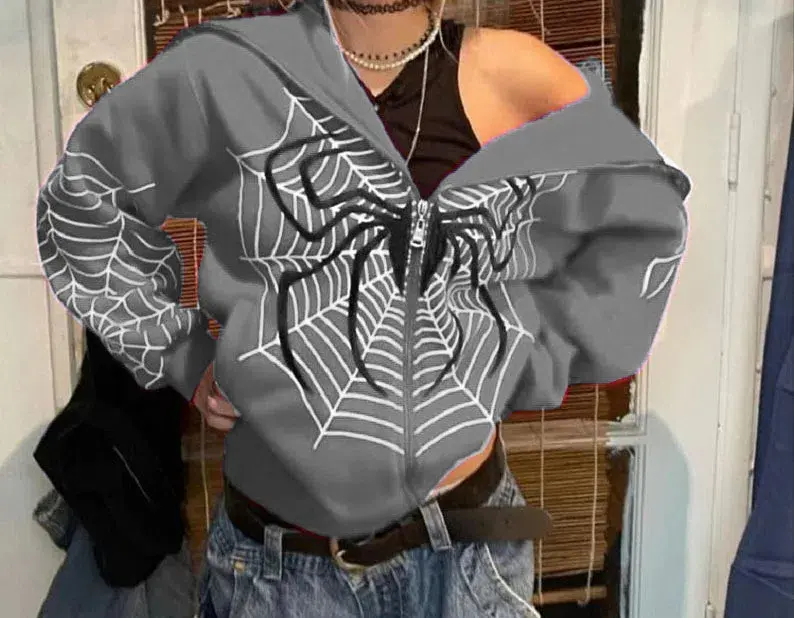 2024 New Men's and Women's Quirky Spider Web Zipper Hoodie Casual Trend Hoodie Fleece Warm Casual Jacket