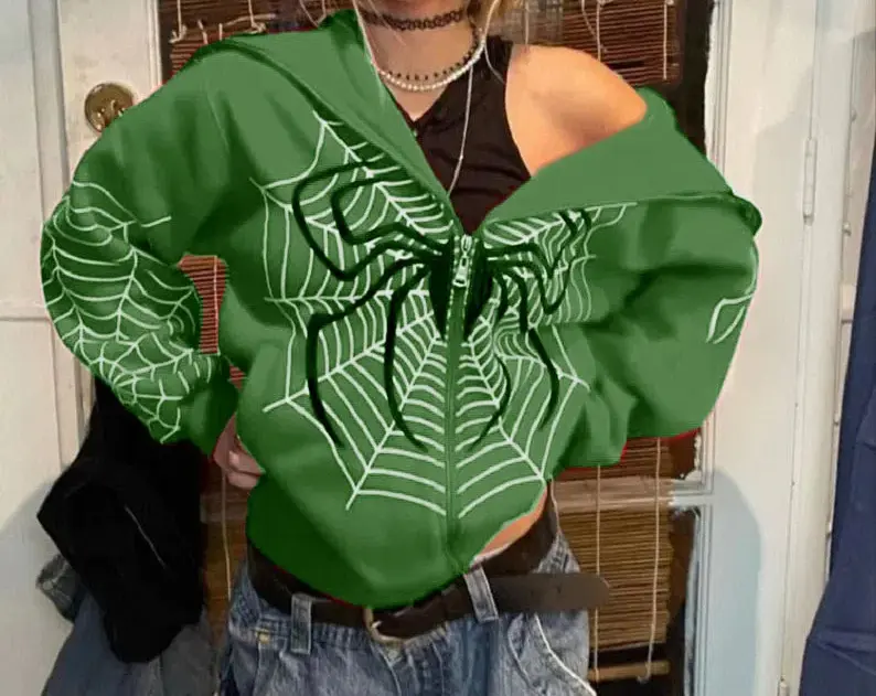 2024 New Men's and Women's Quirky Spider Web Zipper Hoodie Casual Trend Hoodie Fleece Warm Casual Jacket