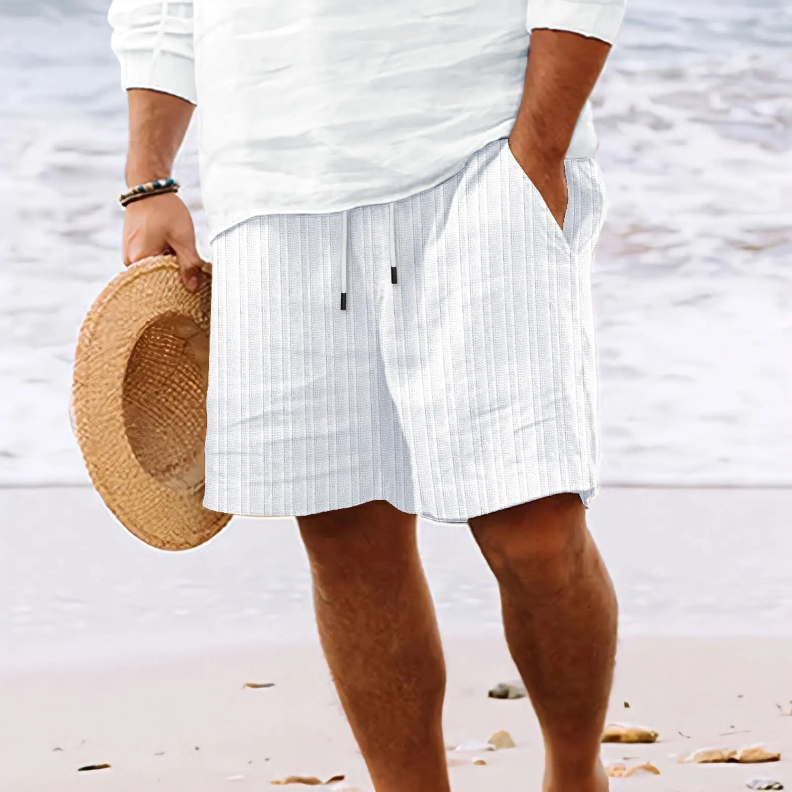 2025 Summer New Men's Linen Cotton Shorts with Multiple Pockets Striped Drawstring Beach Pants Men's Casual Summer Shorts