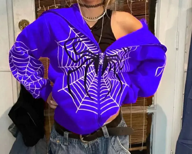2024 New Men's and Women's Quirky Spider Web Zipper Hoodie Casual Trend Hoodie Fleece Warm Casual Jacket