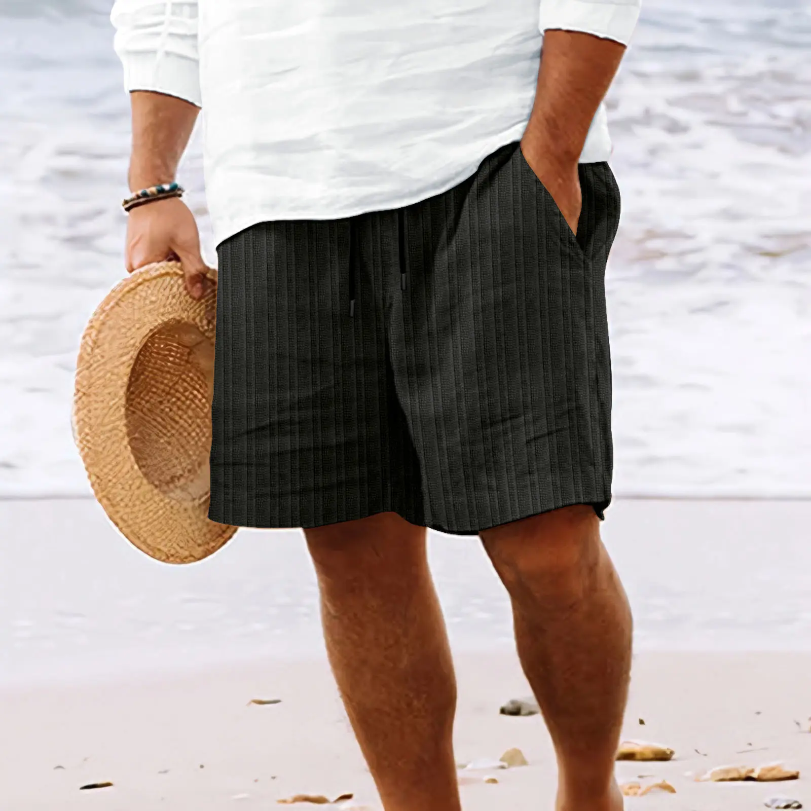 2025 Summer New Men's Linen Cotton Shorts with Multiple Pockets Striped Drawstring Beach Pants Men's Casual Summer Shorts