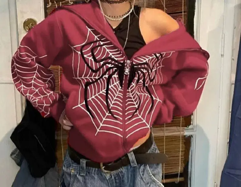 2024 New Men's and Women's Quirky Spider Web Zipper Hoodie Casual Trend Hoodie Fleece Warm Casual Jacket