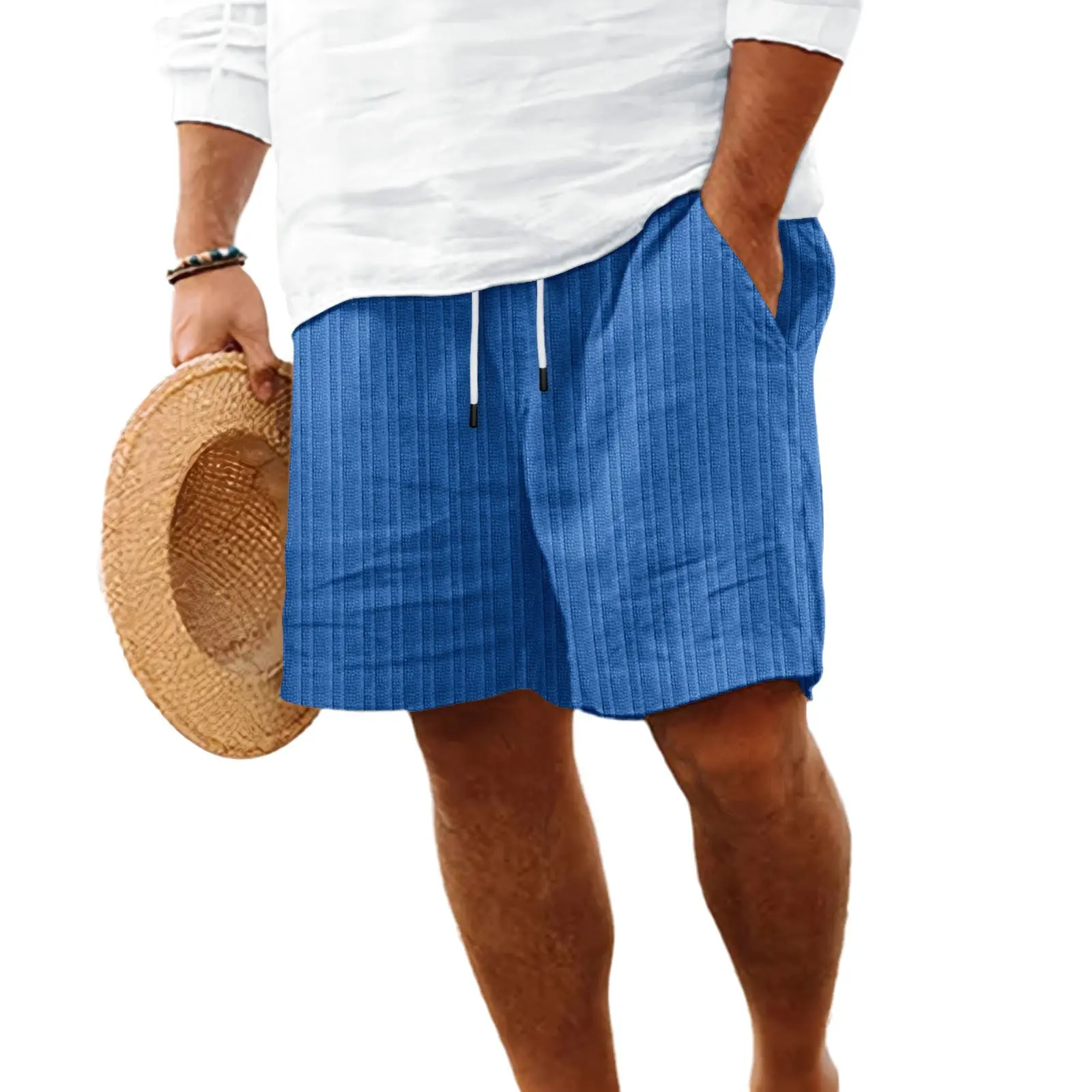 2025 Summer New Men's Linen Cotton Shorts with Multiple Pockets Striped Drawstring Beach Pants Men's Casual Summer Shorts