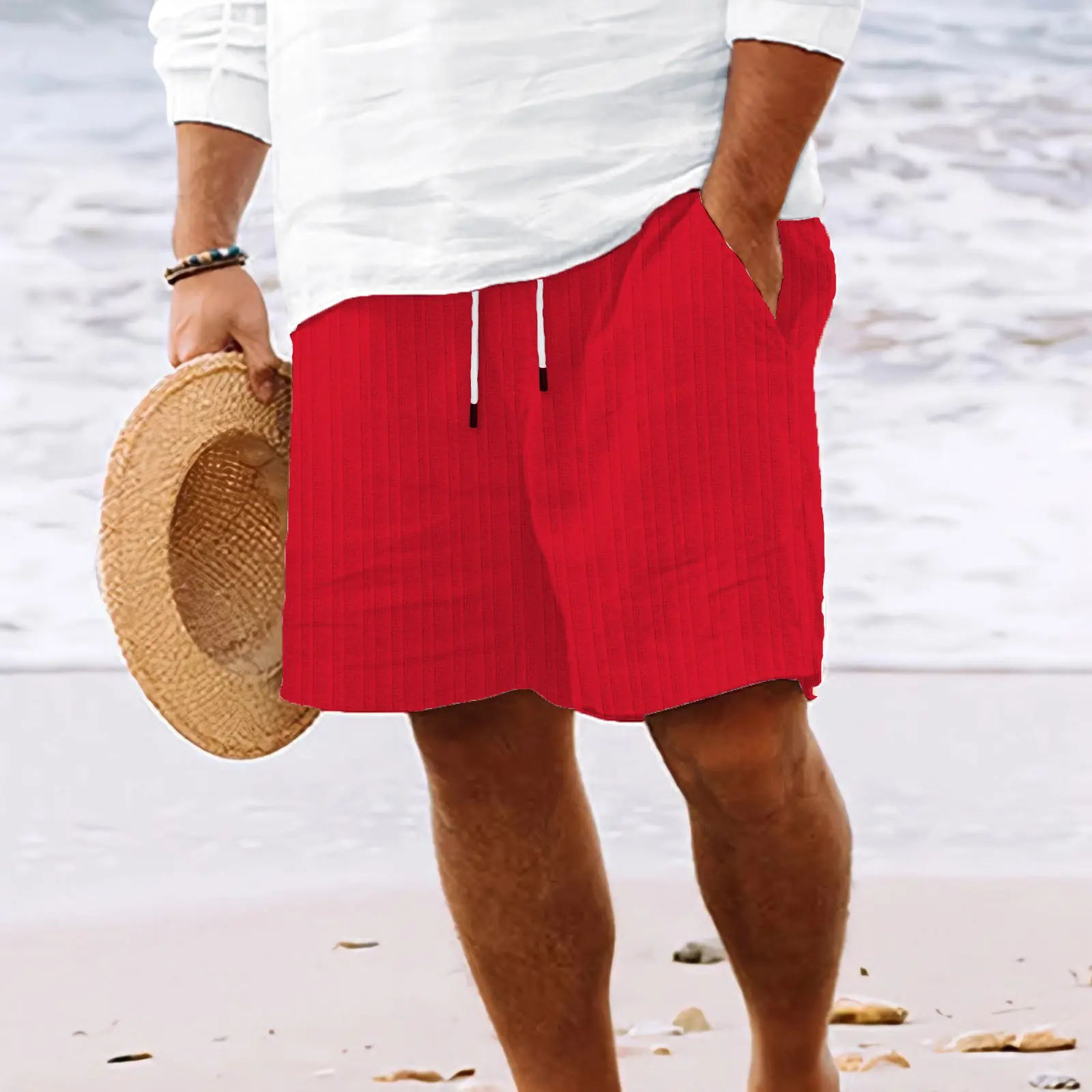 2025 Summer New Men's Linen Cotton Shorts with Multiple Pockets Striped Drawstring Beach Pants Men's Casual Summer Shorts