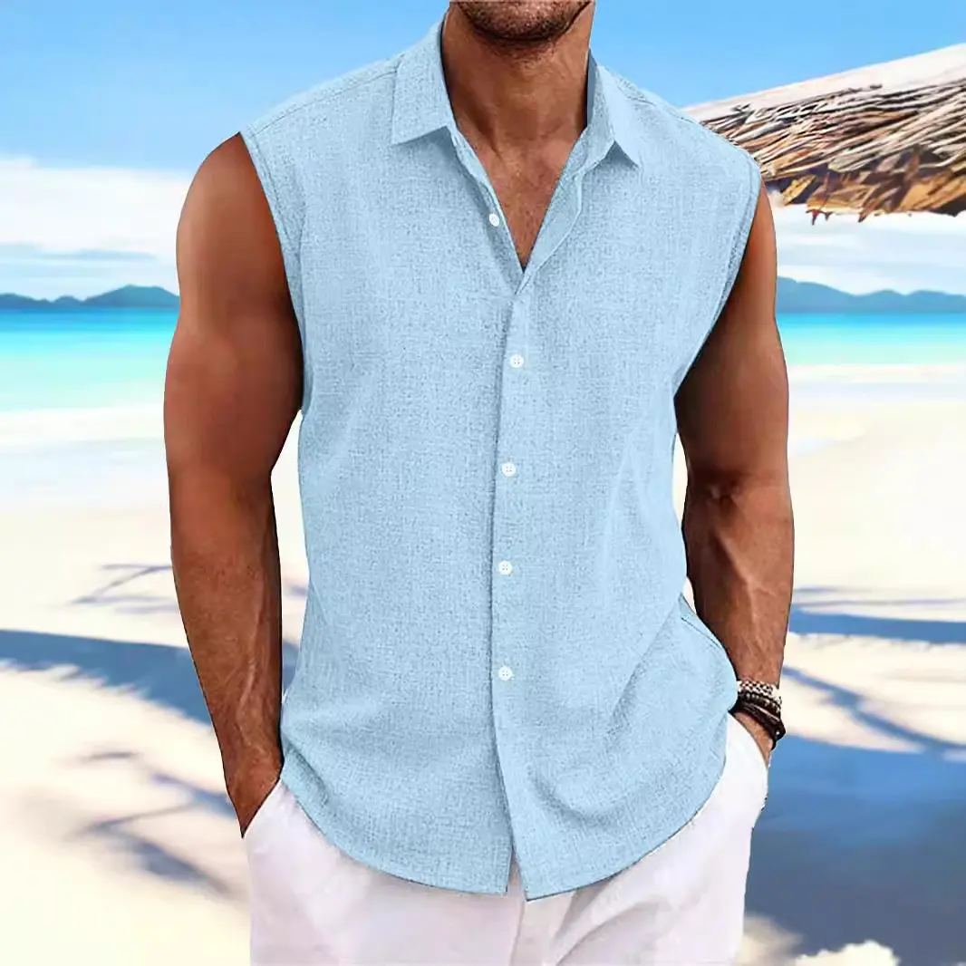 Hawaiian Bamboo Cotton Casual Quick Drying Breathable Quick Drying Breathable Sleeveless Lapel Beach Vacation Shirt 2025 Popular