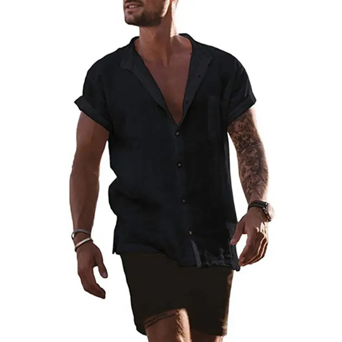 Men's Cotton and Linen Short Sleeved Cardigan Shirt 2025 Summer New Item Solid Color Simple Casual Top Breathable and Versatile
