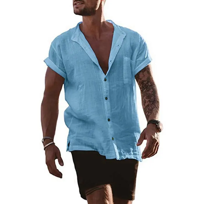 Men's Cotton and Linen Short Sleeved Cardigan Shirt 2025 Summer New Item Solid Color Simple Casual Top Breathable and Versatile