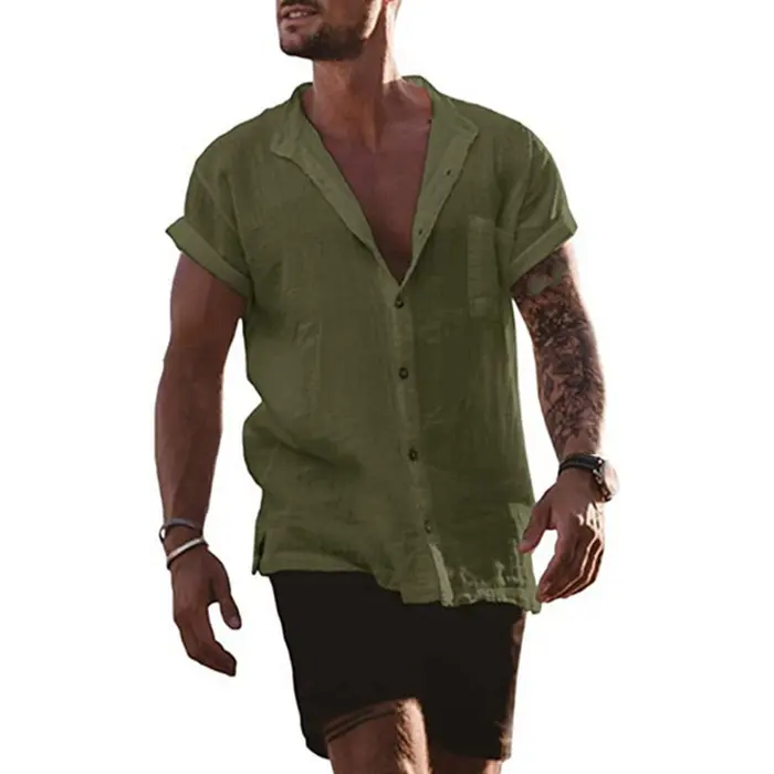 Men's Cotton and Linen Short Sleeved Cardigan Shirt 2025 Summer New Item Solid Color Simple Casual Top Breathable and Versatile