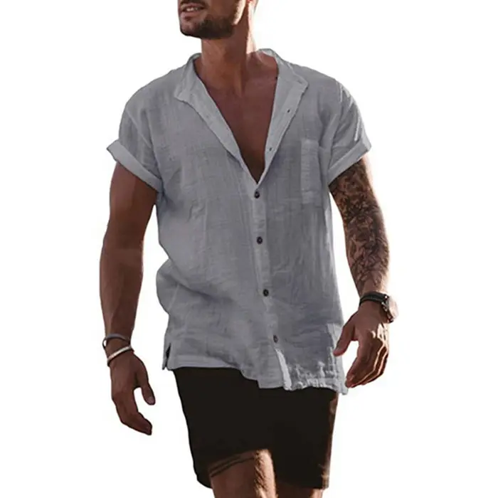 Men's Cotton and Linen Short Sleeved Cardigan Shirt 2025 Summer New Item Solid Color Simple Casual Top Breathable and Versatile