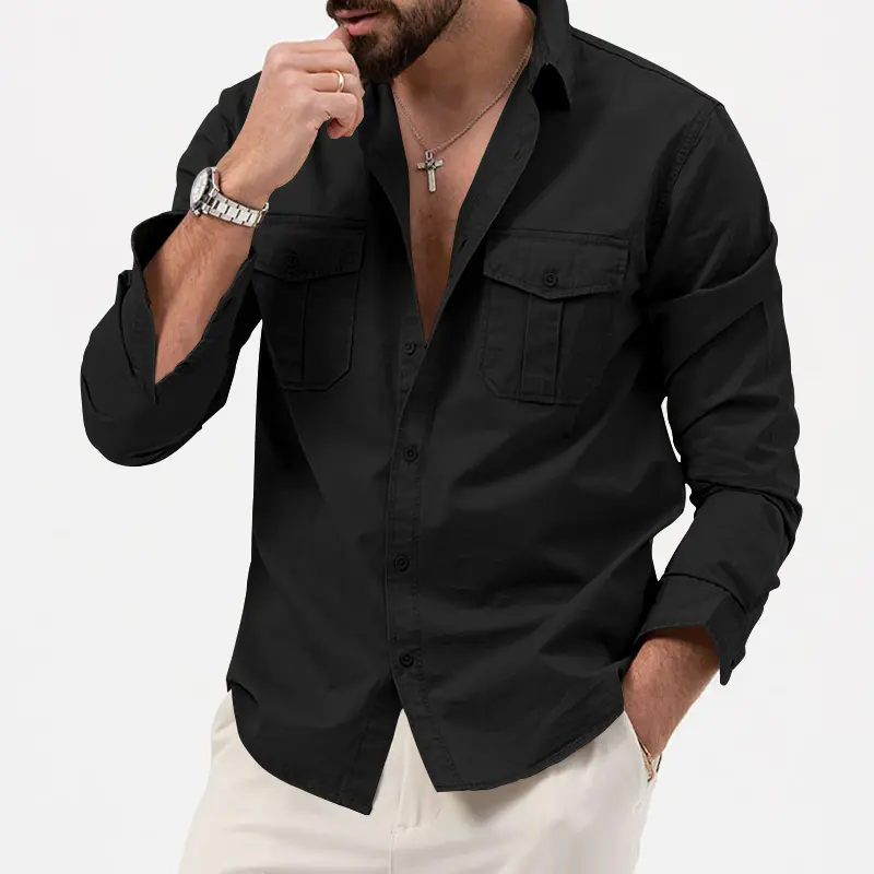 New Autumn Men's Long Sleeve Shirt Business Casual Button Down Shirt with Dual Chest Pockets & Spread Collar