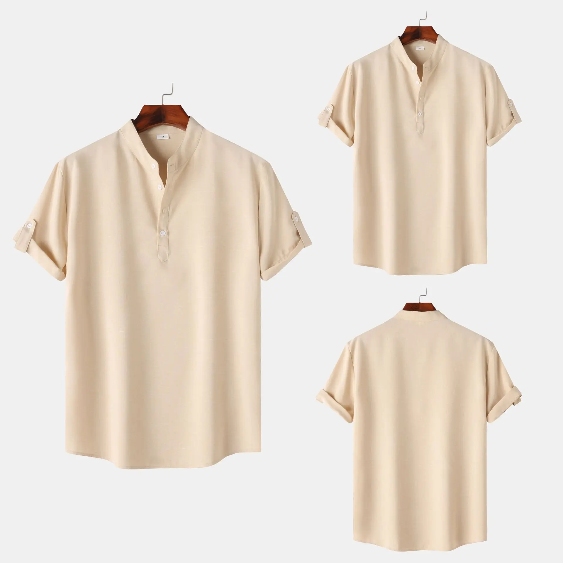 Business and Leisure Men's Slim Fit Solid Color Stand Up Collar Short Sleeved Shirt Fashionable Men's Clothing Shirt Top 2025
