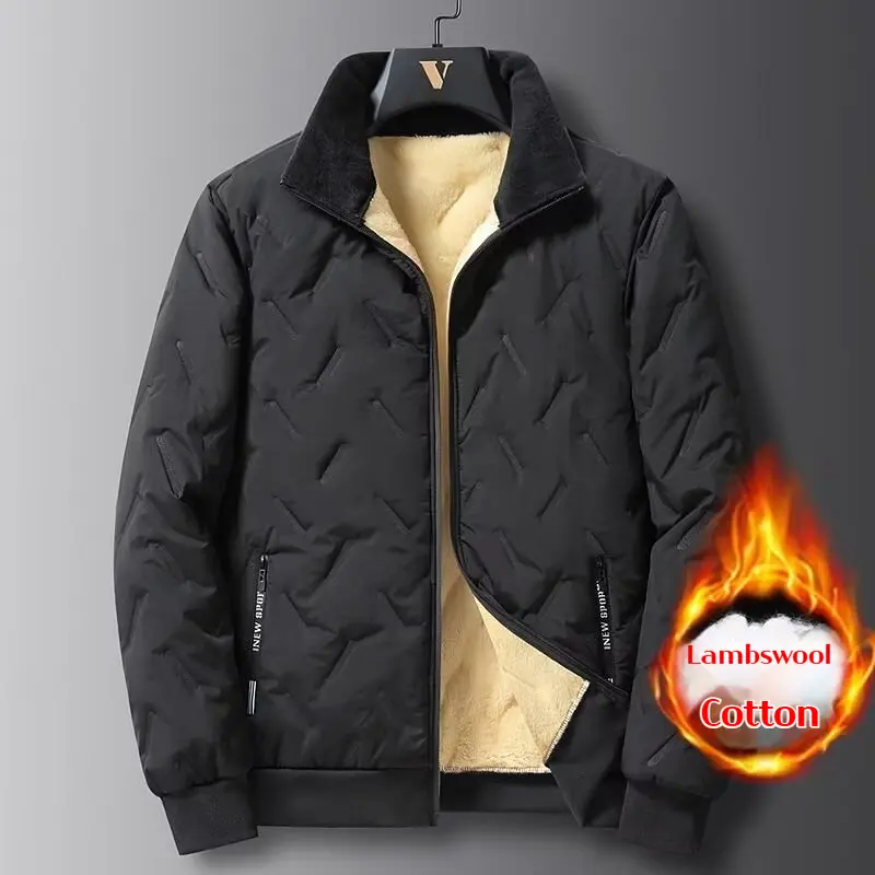 Men's Lamb Fleece Jacket Thickened Warm Cotton Coat Windproof Stand Collar Parka Loose Fit Plus Size Cold Weather Outerwear