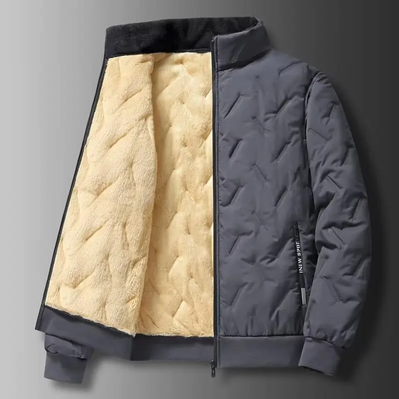 Men's Lamb Fleece Jacket Thickened Warm Cotton Coat Windproof Stand Collar Parka Loose Fit Plus Size Cold Weather Outerwear