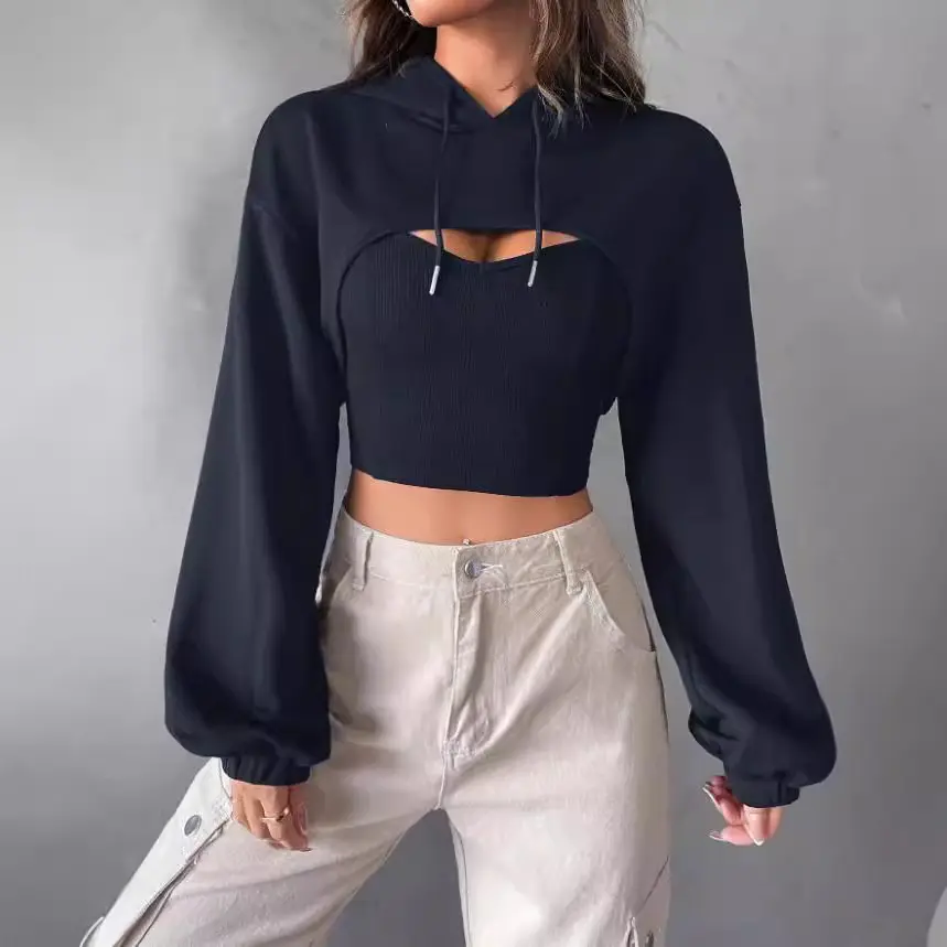 Women's Spring and Autumn New Fashion Hoodie Slim Fit Short Style Soft Y2k Style Strap Hoodie Two Piece Set