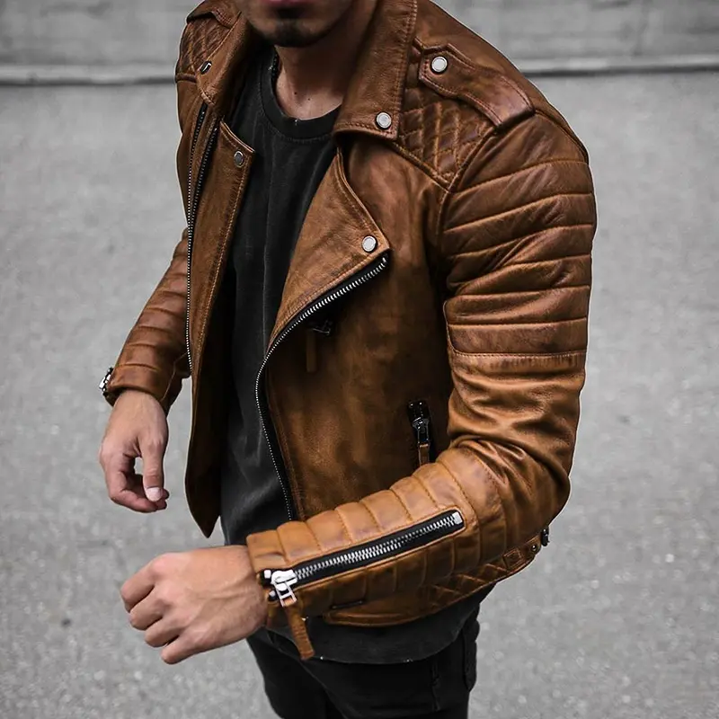 Spring and Autumn Hot Selling European and American Fashion Collar Top Men's Slim Fit Motorcycle Leather Jacket Men's Coat