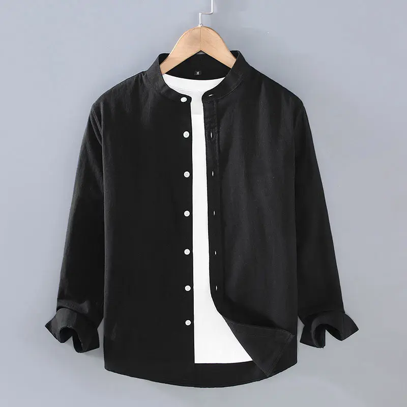 Men's Linen Shirt in Spring Autumn Solid Color Henry Collar Long Sleeved Top Casual Breathable Simple Men's Clothing