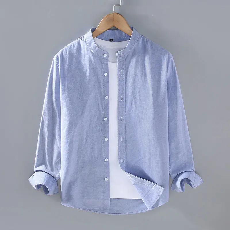 Men's Linen Shirt in Spring Autumn Solid Color Henry Collar Long Sleeved Top Casual Breathable Simple Men's Clothing