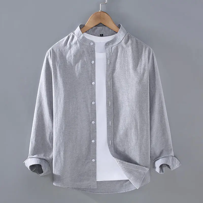 Men's Linen Shirt in Spring Autumn Solid Color Henry Collar Long Sleeved Top Casual Breathable Simple Men's Clothing