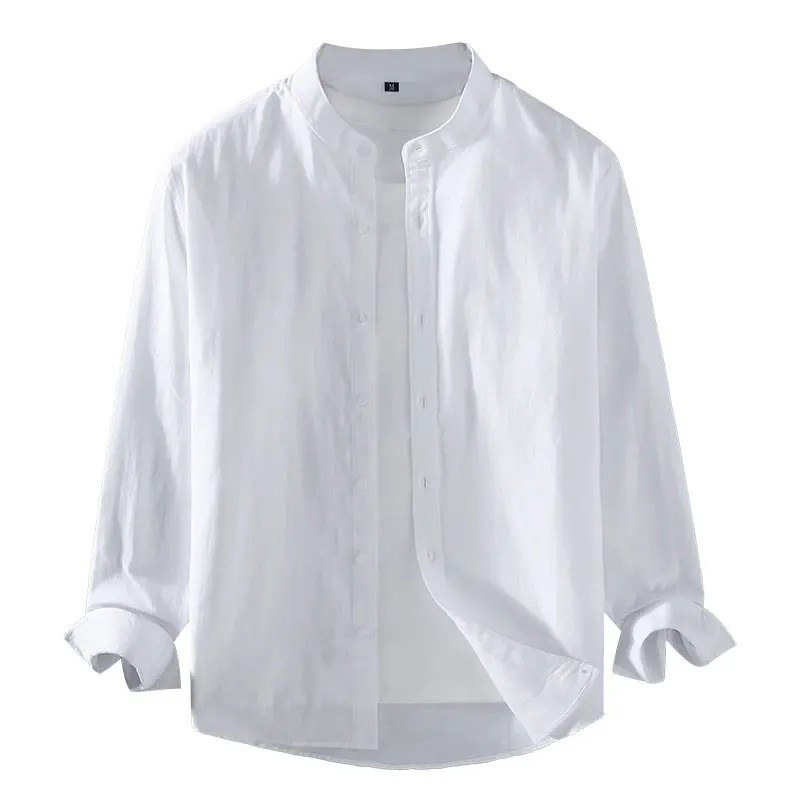 Men's Linen Shirt in Spring Autumn Solid Color Henry Collar Long Sleeved Top Casual Breathable Simple Men's Clothing