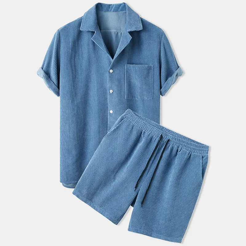 2025 New Men's Summer Corduroy Shirt and Shorts Set Solid Color Casual Wear Summer Street Wear Two-piece Suit