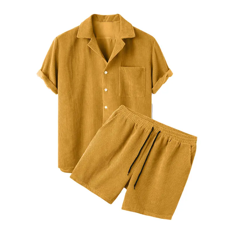 2025 New Men's Summer Corduroy Shirt and Shorts Set Solid Color Casual Wear Summer Street Wear Two-piece Suit