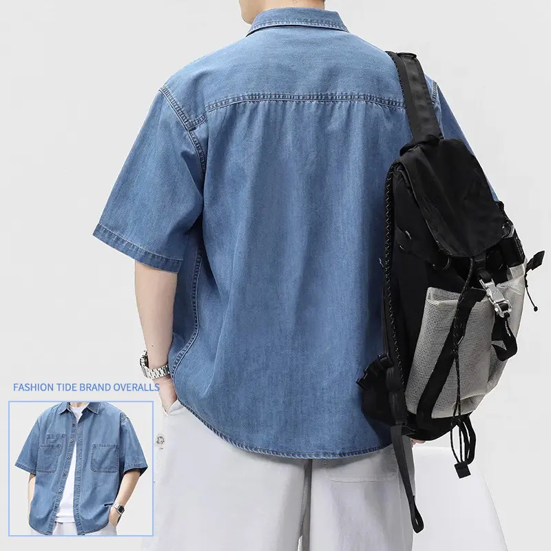 2025 Designer Pocket Denim Shirt Men's Short Sleeve Summer Casual Loose Fit Thin Shirt Jacket Oversized Trendy Top