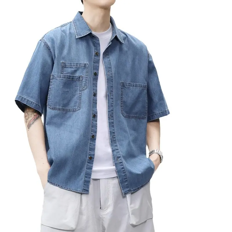 2025 Designer Pocket Denim Shirt Men's Short Sleeve Summer Casual Loose Fit Thin Shirt Jacket Oversized Trendy Top
