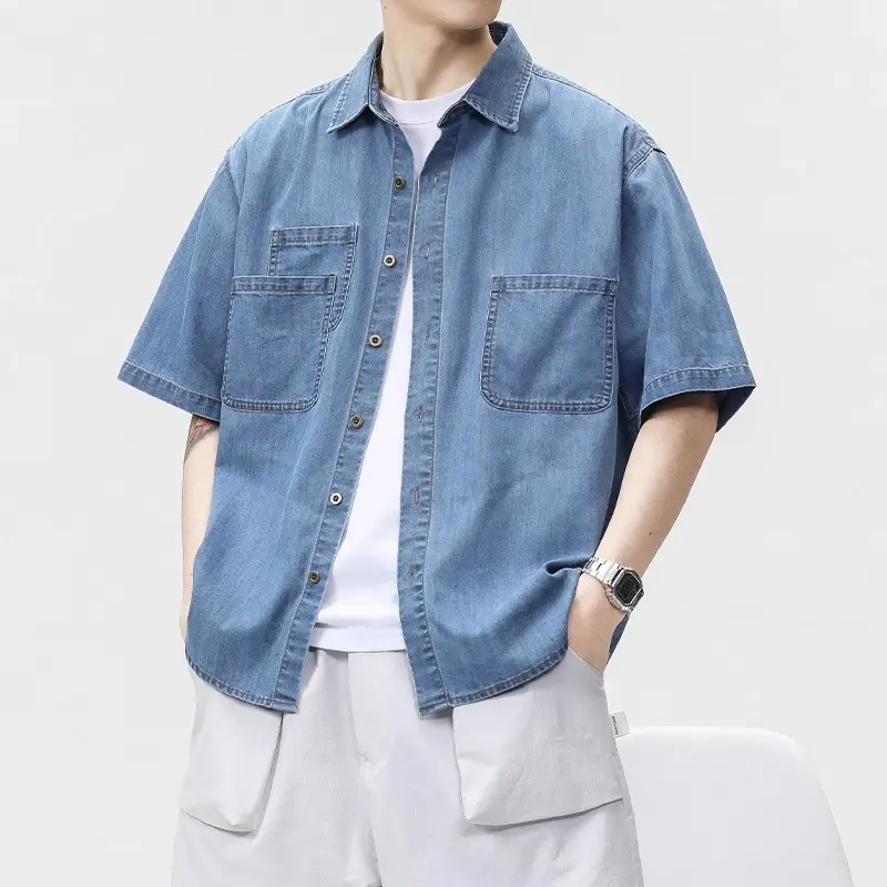 2025 Designer Pocket Denim Shirt Men's Short Sleeve Summer Casual Loose Fit Thin Shirt Jacket Oversized Trendy Top