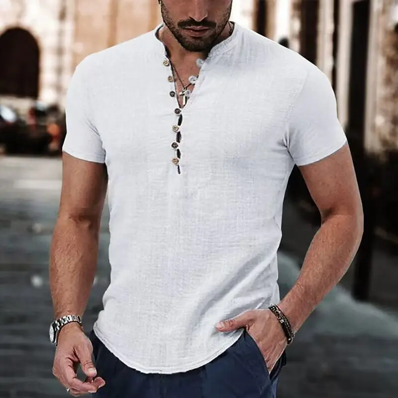 Men's Retro Linen Breathable V-neck Quick Drying Sweat Absorbing Vacation Travel Casual Shirt Short Sleeved Casual Top