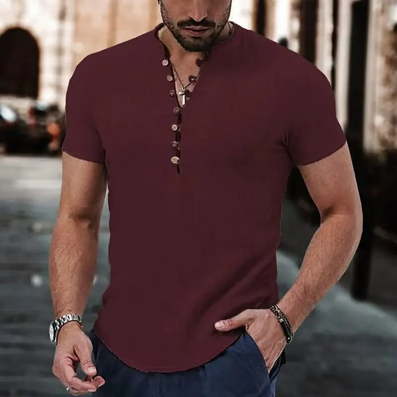 Men's Retro Linen Breathable V-neck Quick Drying Sweat Absorbing Vacation Travel Casual Shirt Short Sleeved Casual Top