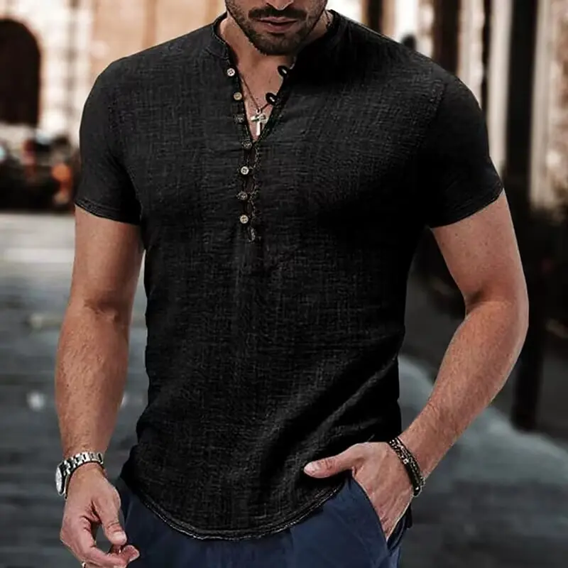 Men's Retro Linen Breathable V-neck Quick Drying Sweat Absorbing Vacation Travel Casual Shirt Short Sleeved Casual Top