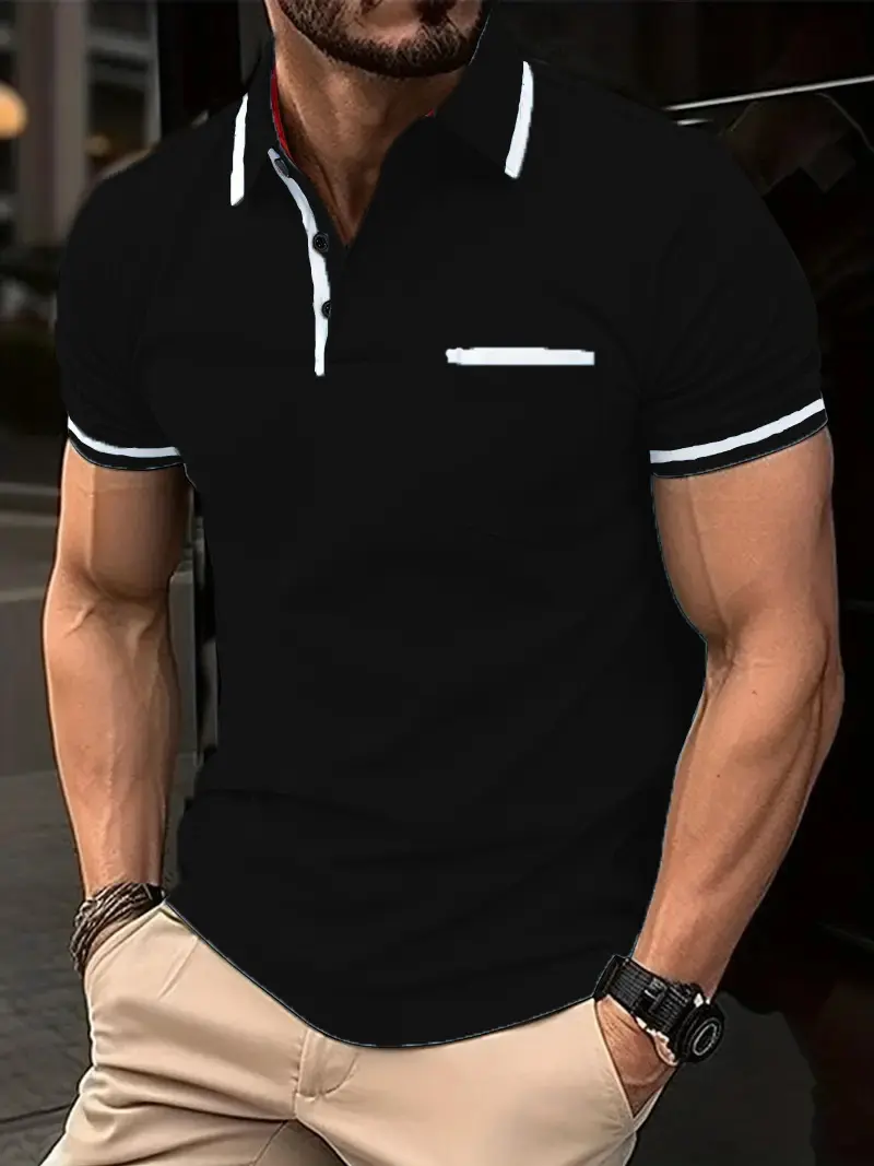 Summer Polo Shirt Golf Fashion Basic Color Block Front Pocket Patch Casual Sports Short Sleeved Regular Fit Lapel Shirt