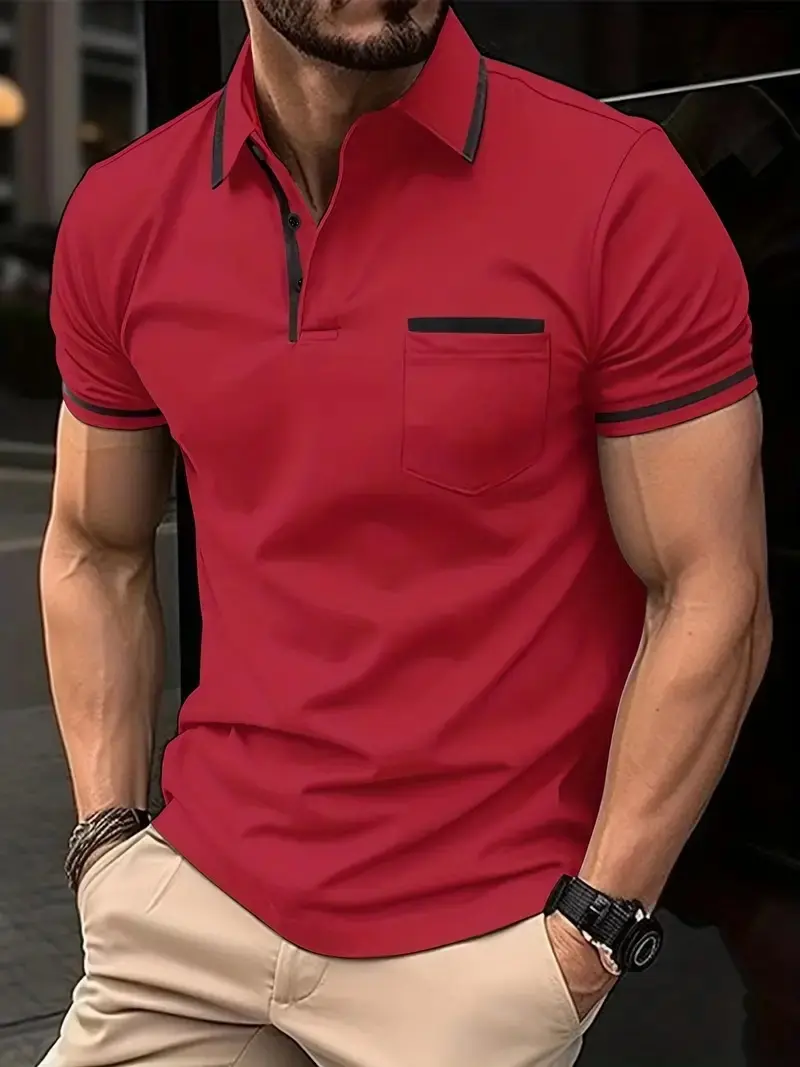 Summer Polo Shirt Golf Fashion Basic Color Block Front Pocket Patch Casual Sports Short Sleeved Regular Fit Lapel Shirt