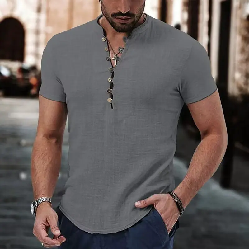 Men's Retro Linen Breathable V-neck Quick Drying Sweat Absorbing Vacation Travel Casual Shirt Short Sleeved Casual Top