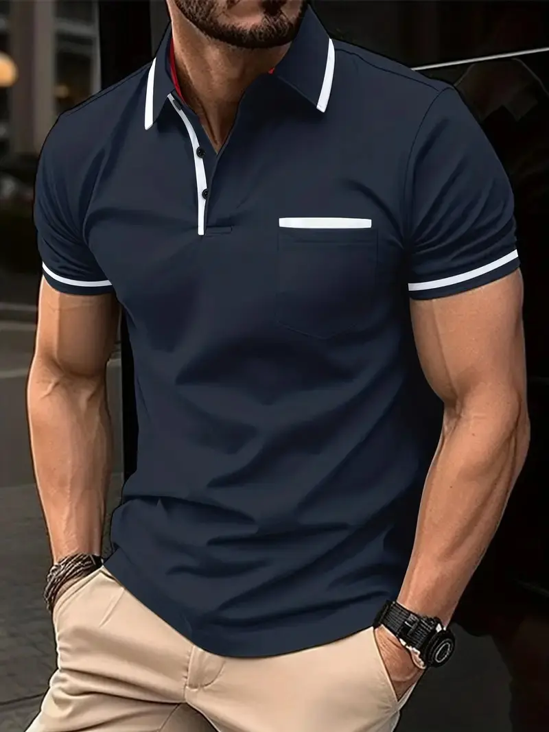 Summer Polo Shirt Golf Fashion Basic Color Block Front Pocket Patch Casual Sports Short Sleeved Regular Fit Lapel Shirt