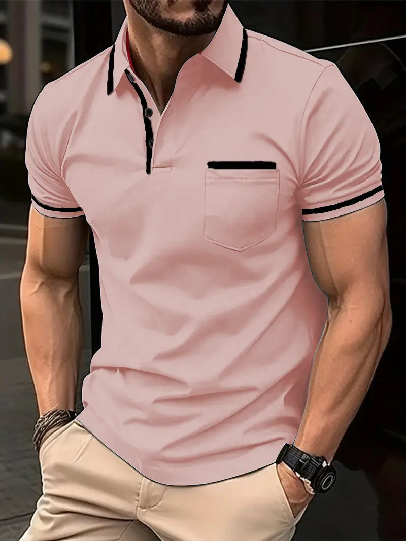 Summer Polo Shirt Golf Fashion Basic Color Block Front Pocket Patch Casual Sports Short Sleeved Regular Fit Lapel Shirt