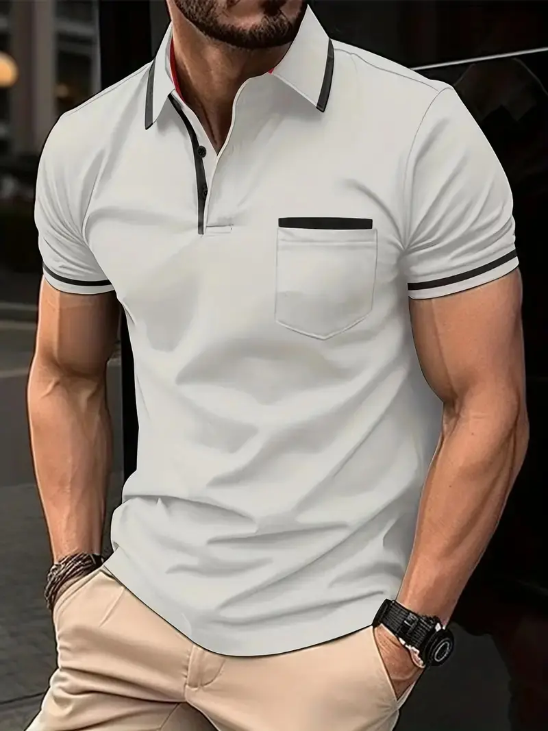 Summer Polo Shirt Golf Fashion Basic Color Block Front Pocket Patch Casual Sports Short Sleeved Regular Fit Lapel Shirt