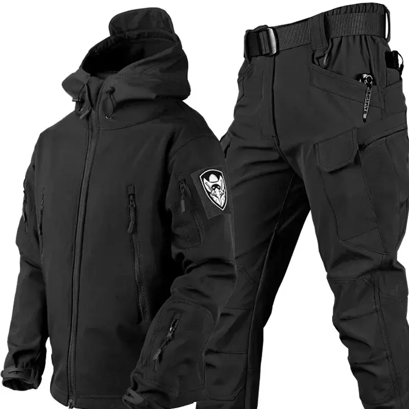 Winter Thicken Men Camo Suit Waterproof Tactical Training Set Multi-pocket Hooded Jacket Fleece Pants Outdoor Hunting 2-piece