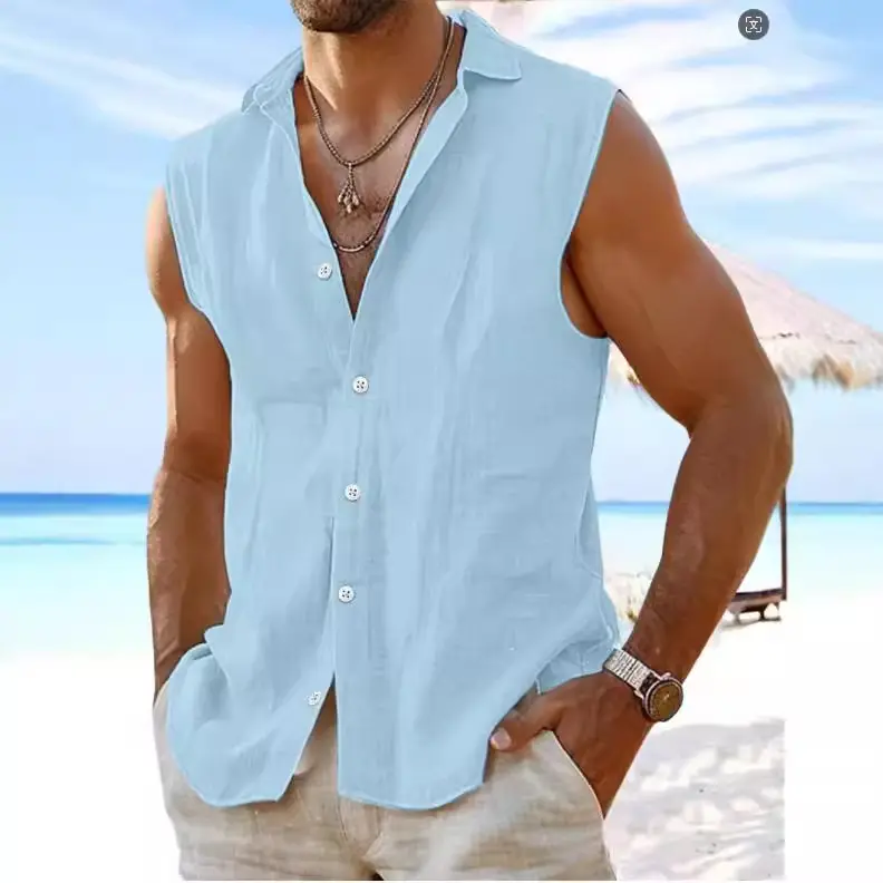 Hawaii Cotton Short Sleeve Shirt for Men Breathable Lapel Beach Shirt Casual Summer Button Down Top Solid Color Resort Wear