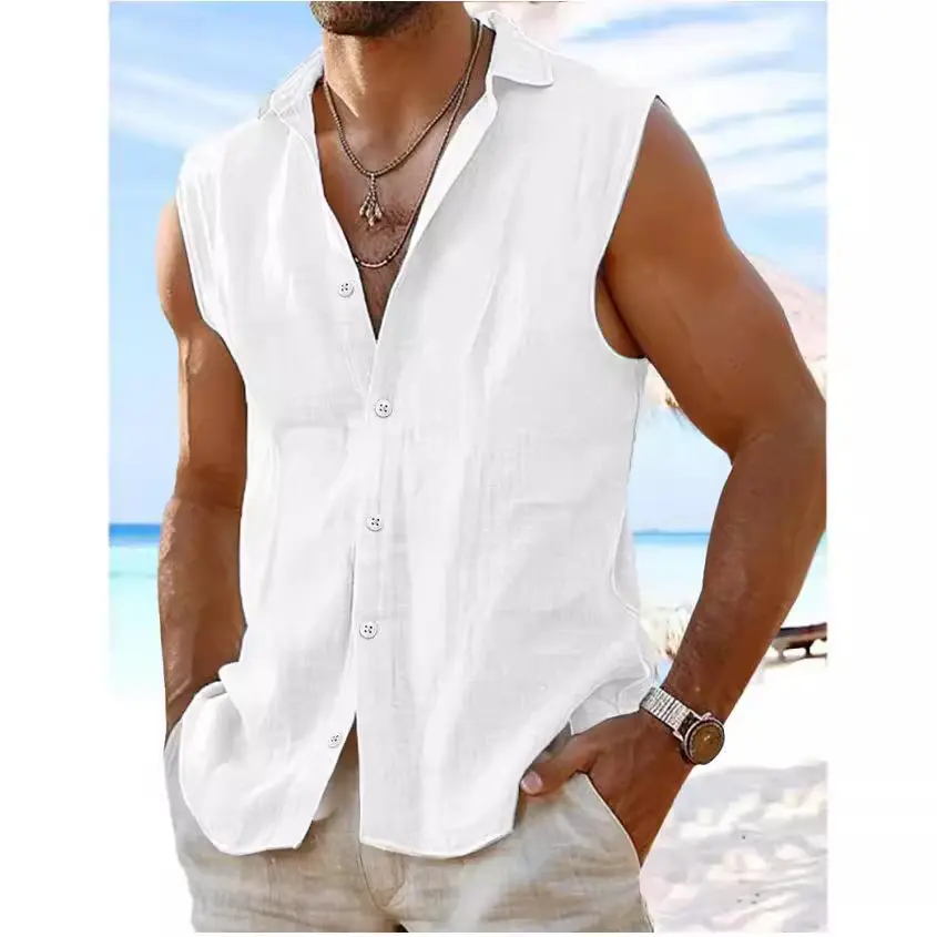Hawaii Cotton Short Sleeve Shirt for Men Breathable Lapel Beach Shirt Casual Summer Button Down Top Solid Color Resort Wear