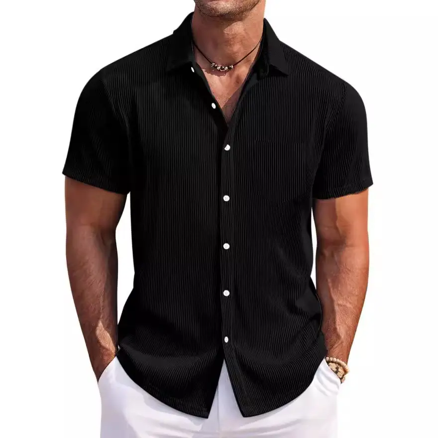 Breathable Linen Blend Business Casual Shirt Men's Vertical Striped Short Sleeved Shirt Summer Loose Fit Men's Top Hot Selling