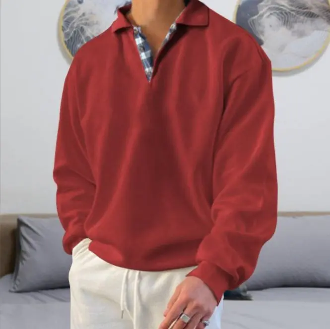 2025 Autumn New Men's V-neck Lapel Long Sleeved Sweatshirt Loose Casual Sports Plus Size Breathable Men's Top