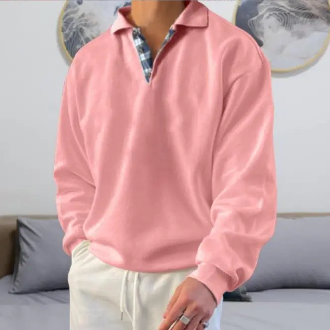 2025 Autumn New Men's V-neck Lapel Long Sleeved Sweatshirt Loose Casual Sports Plus Size Breathable Men's Top