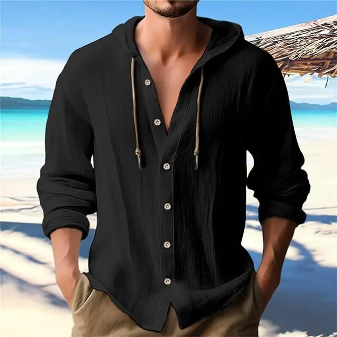 Men's Linen Long Sleeved Solid Color Beach Button Up Hooded T-shirt Pure Casual Outdoor Spring and Summer Clothing
