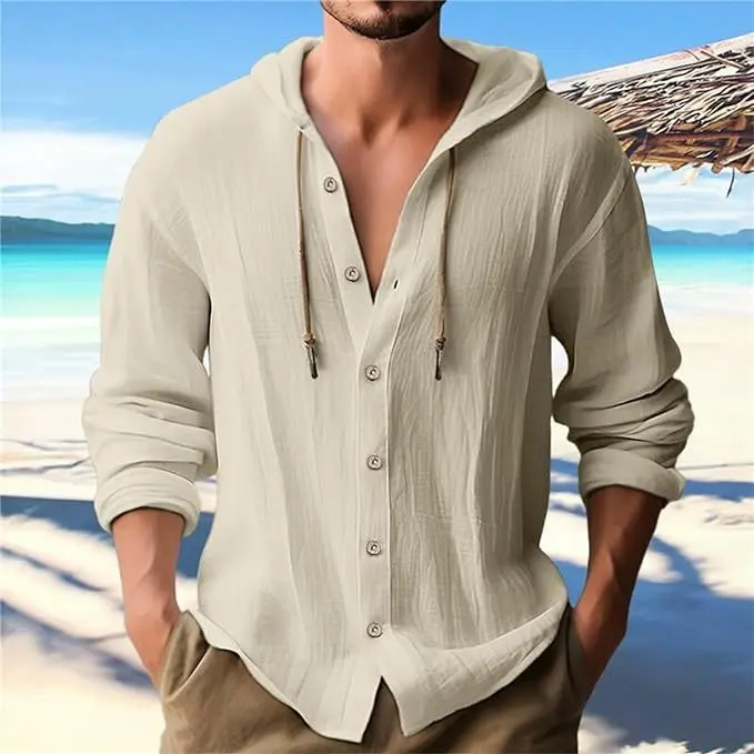 Men's Linen Long Sleeved Solid Color Beach Button Up Hooded T-shirt Pure Casual Outdoor Spring and Summer Clothing
