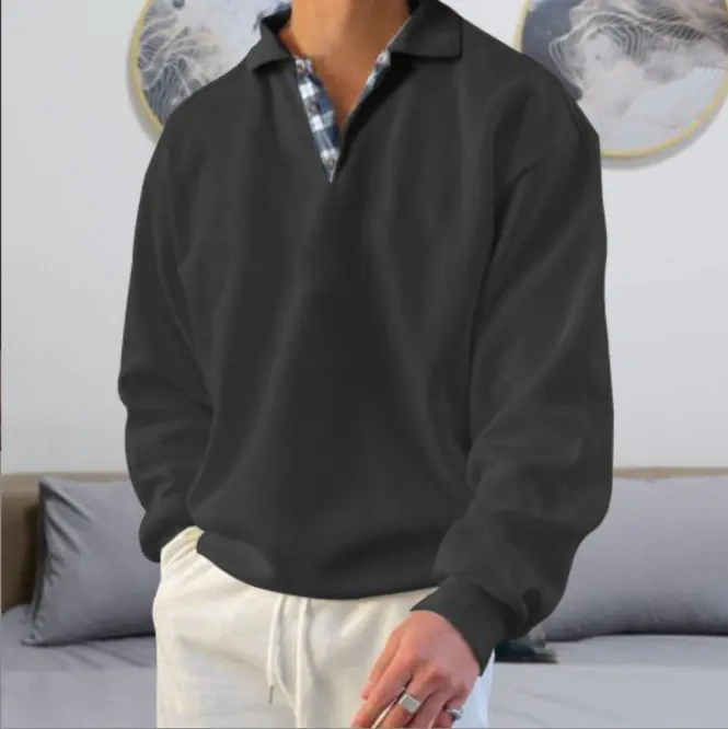 2025 Autumn New Men's V-neck Lapel Long Sleeved Sweatshirt Loose Casual Sports Plus Size Breathable Men's Top